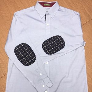 Orvis- Blue button down with charcoal check elbows